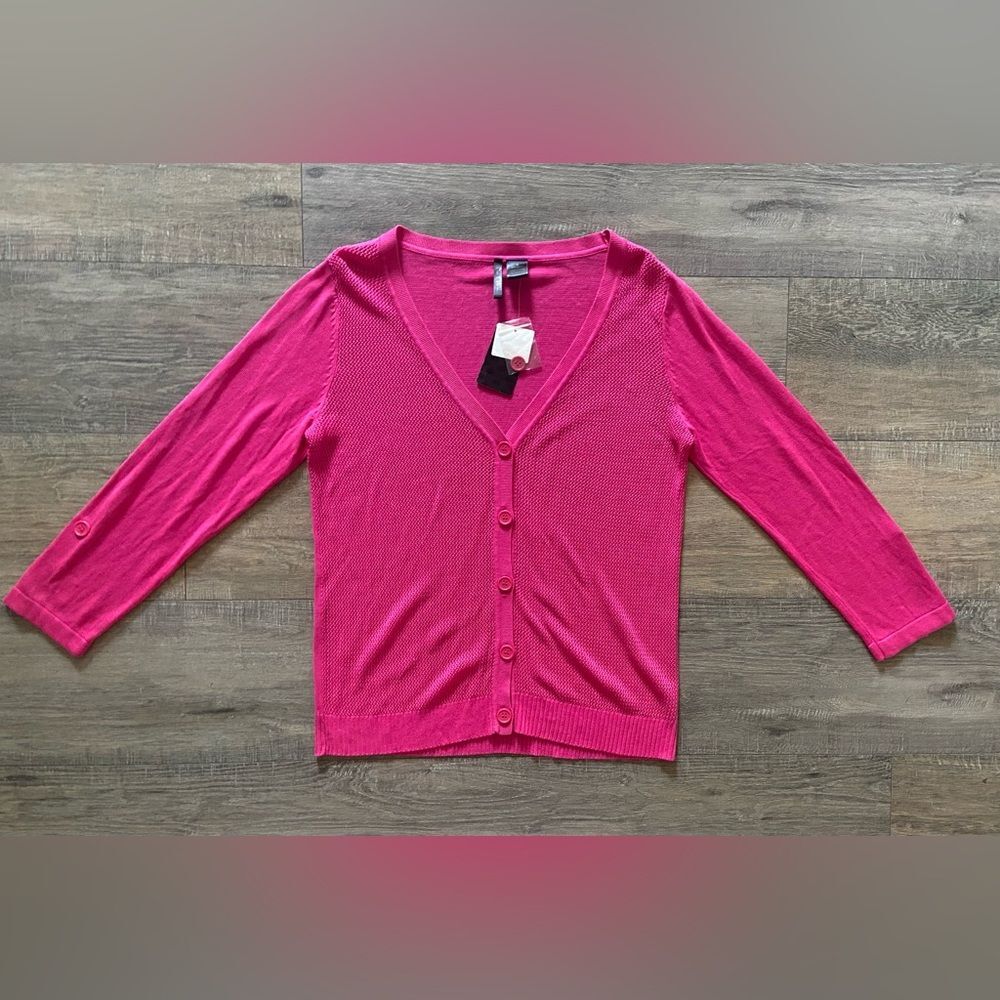 Nue Options NWT women’s size medium (8-10) bright pink fishnet pattern cardigan - Picture 3 of 9